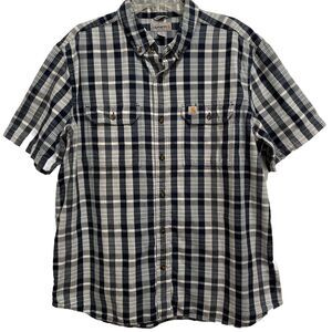 Carhartt Men's Shirt Button Down Plaid Short Sleeve Navy Blue Relaxed Fit XL